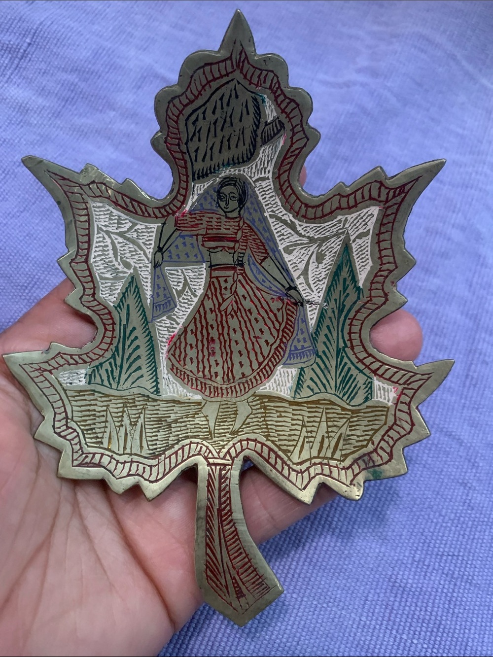 Vintage 1950 Cloisonné Brass Maple Leaf Wall Plate